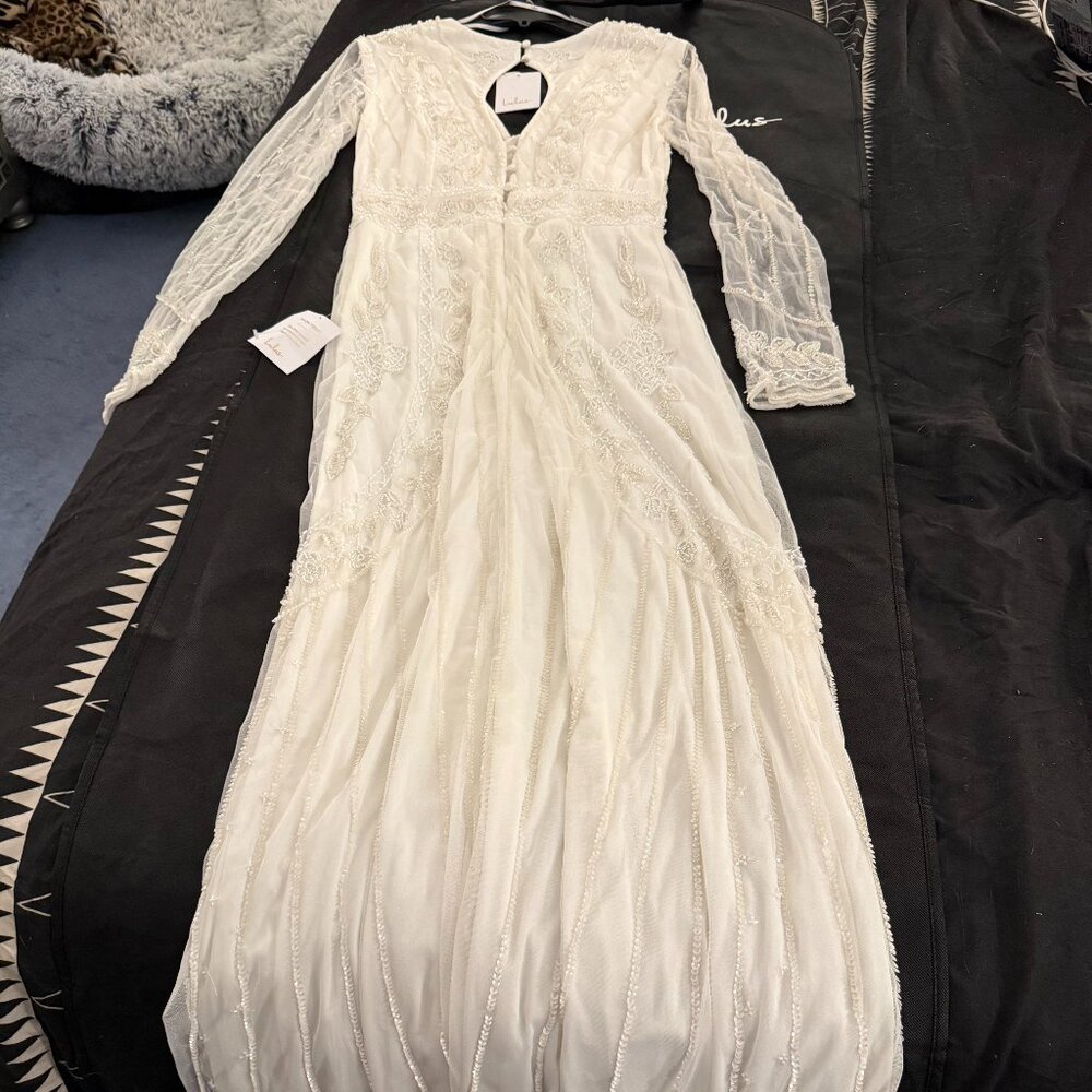 Lulus "Dreaming of Forever" white beaded long sleeve mermaid maxi dress